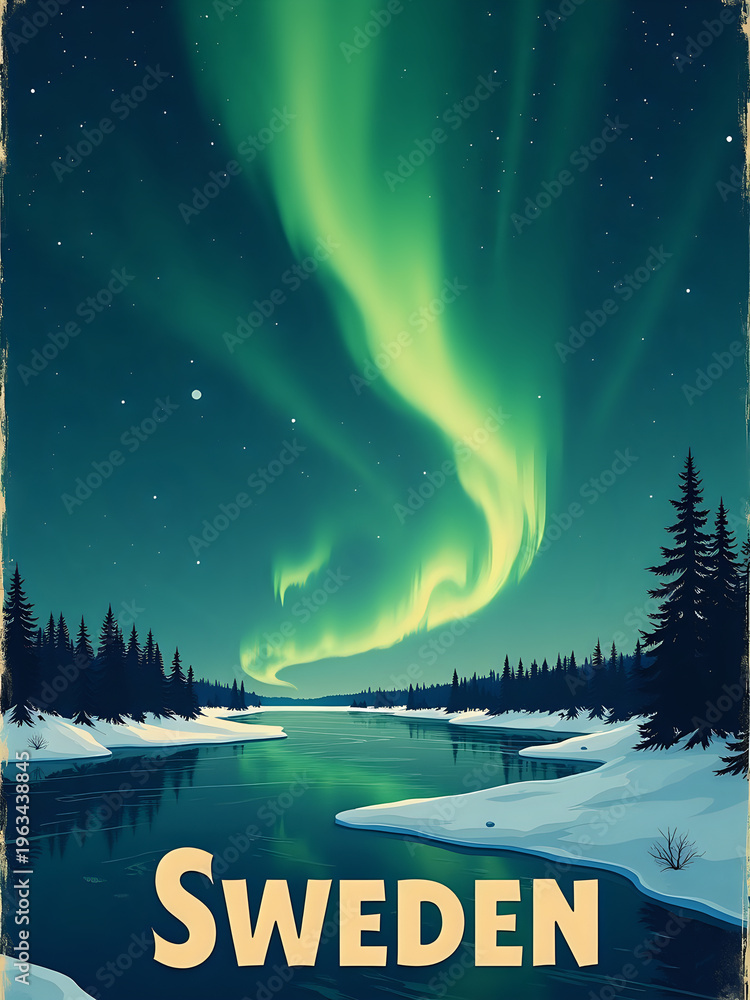 Green lights fill the night sky in Sweden above a river. Snow covers the ground while tall trees stand along the riverbank. The scene shows bright colors against a dark sky.