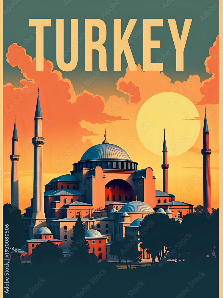 Hagia Sophia stands tall in Turkey with its large dome and towering minarets. The warm colors of the sunset create a bright sky. Clouds gather around the iconic building. People admire its design.