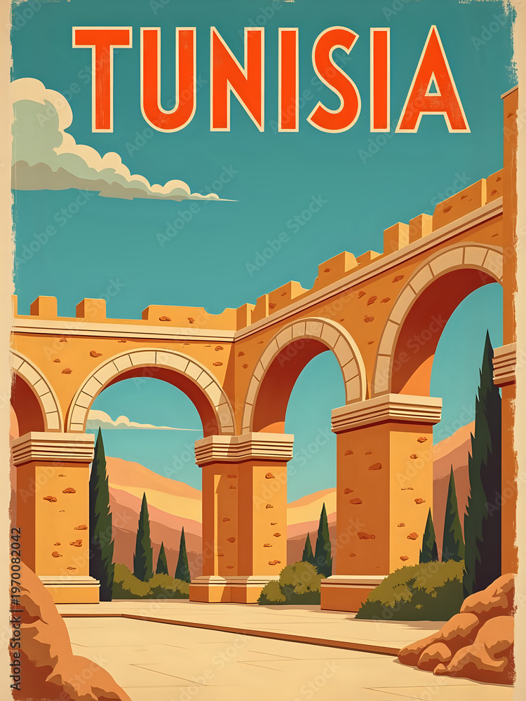 Historic arches rise against a clear blue sky in Tunisia. Green trees and brown hills surround the ancient stone structure. The sun illuminates the scene and shows the beauty of the area.