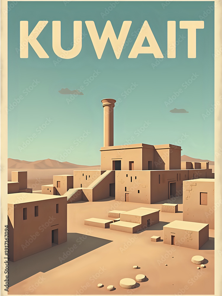 Historic buildings in Kuwait with a focus on simple structures against a sandy ground. There are clear blue skies and light clouds above. The midday sun highlights the landscape.