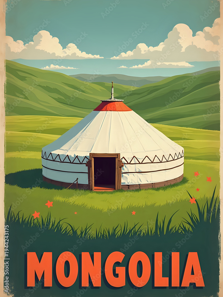 In Mongolia, a traditional yurt stands in the center of a vast green field. Mountains rise in the background under a blue sky filled with clouds. Red flowers dot the grass around the yurt.