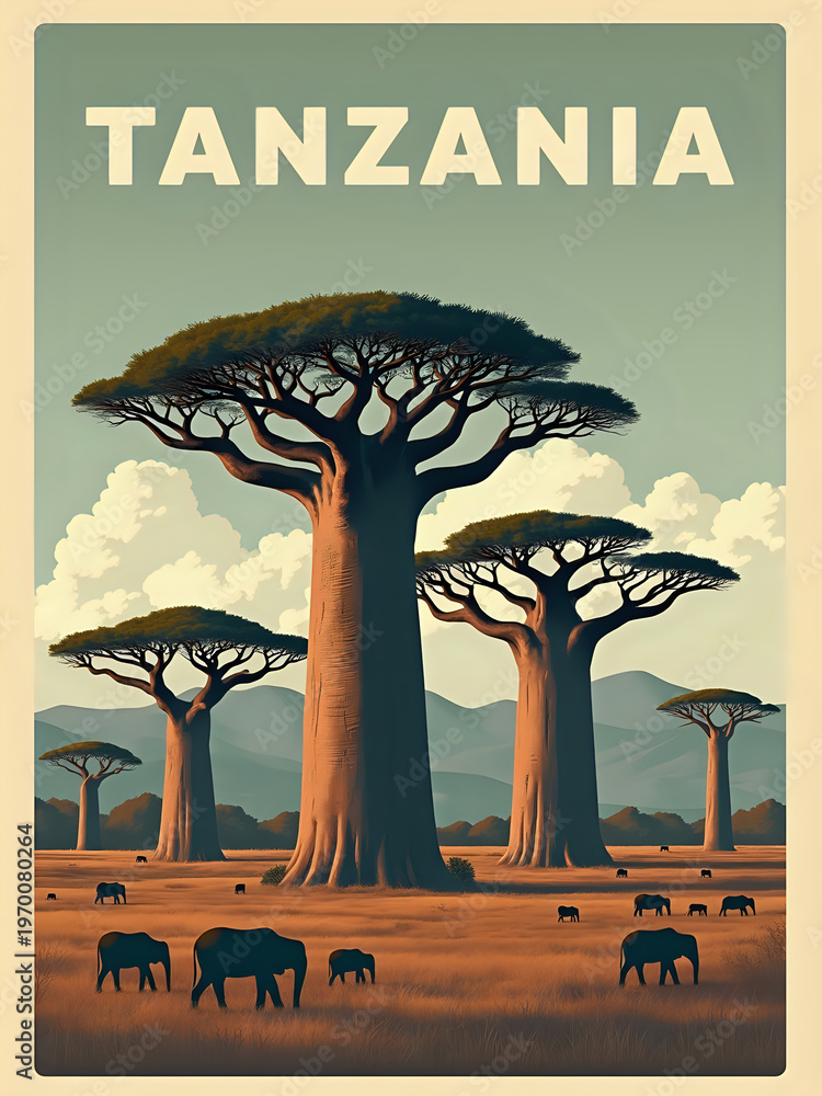 In Tanzania, elephants roam in a wide grassland under the towering baobab trees. Mountains are visible in the background, and the sky has a warm tone. It shows a peaceful view of wildlife.