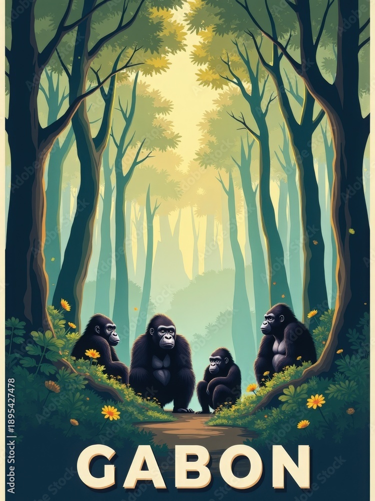 In the forest of Gabon, a group of gorillas sits on a path. Tall trees surround them, and flowers grow nearby. Light filters through the leaves above, creating a warm atmosphere.