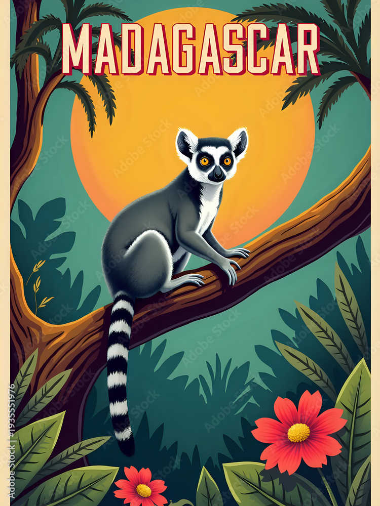 Lemur rests on a branch of a tree in Madagascar as the sun sets in the background. Tropical plants and flowers surround the scene, creating a vibrant atmosphere.