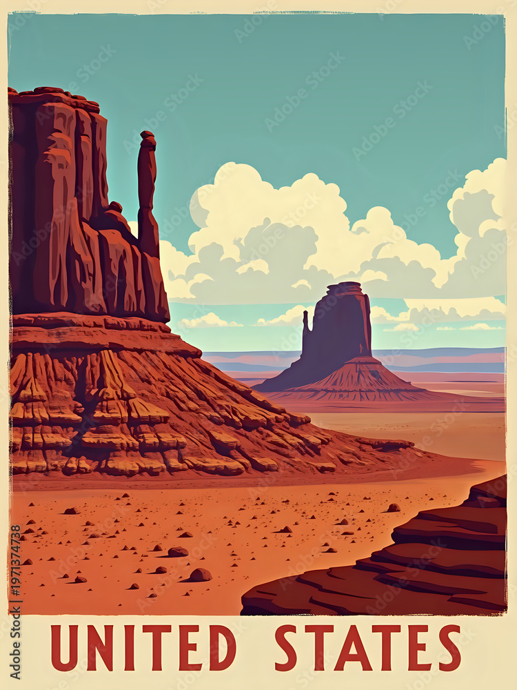 Monument Valley in the United States with large rock formations and open desert land. The sky has clouds and a bright blue color. The setting is warm and dry.