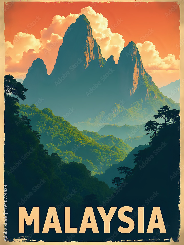 Mountains rise in the background with dense trees in the foreground. The sky has orange and blue hues as the sun sets. Clouds gather above the peaks, adding depth to the scene.