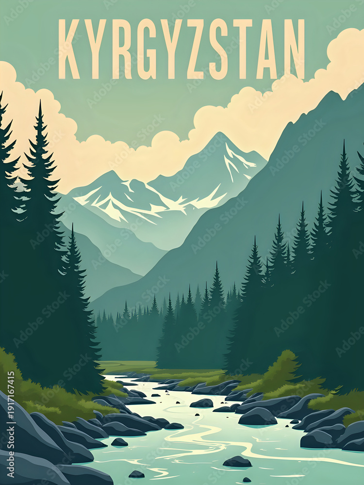 Mountains with snow on the peaks. A river flows through a forest of tall trees. The sky has clouds, and the colors suggest early evening.