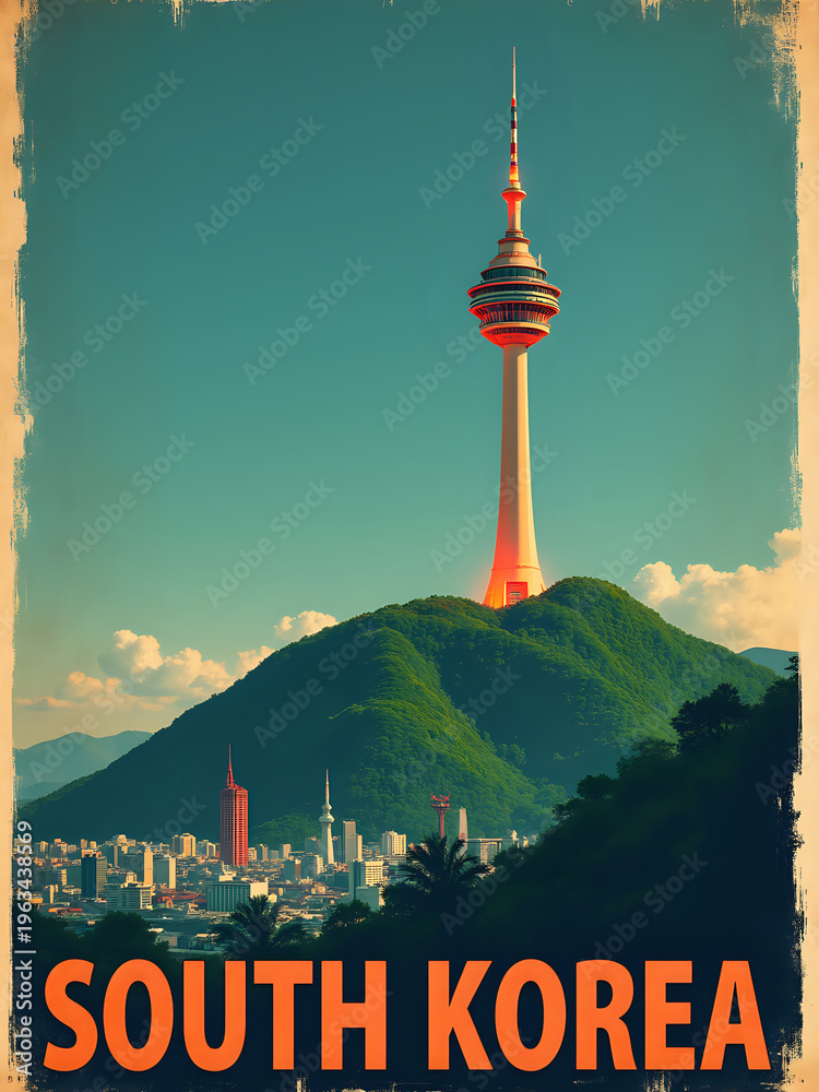 N Seoul Tower stands tall on a mountain in South Korea. The city can be seen below, with blue skies and a few clouds. This scene shows the blend of nature and urban life in the area.