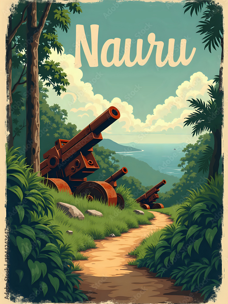 Old cannons sit on a path surrounded by trees and plants. They face the ocean, with clouds overhead. The scene shows the natural beauty and history of Nauru island.