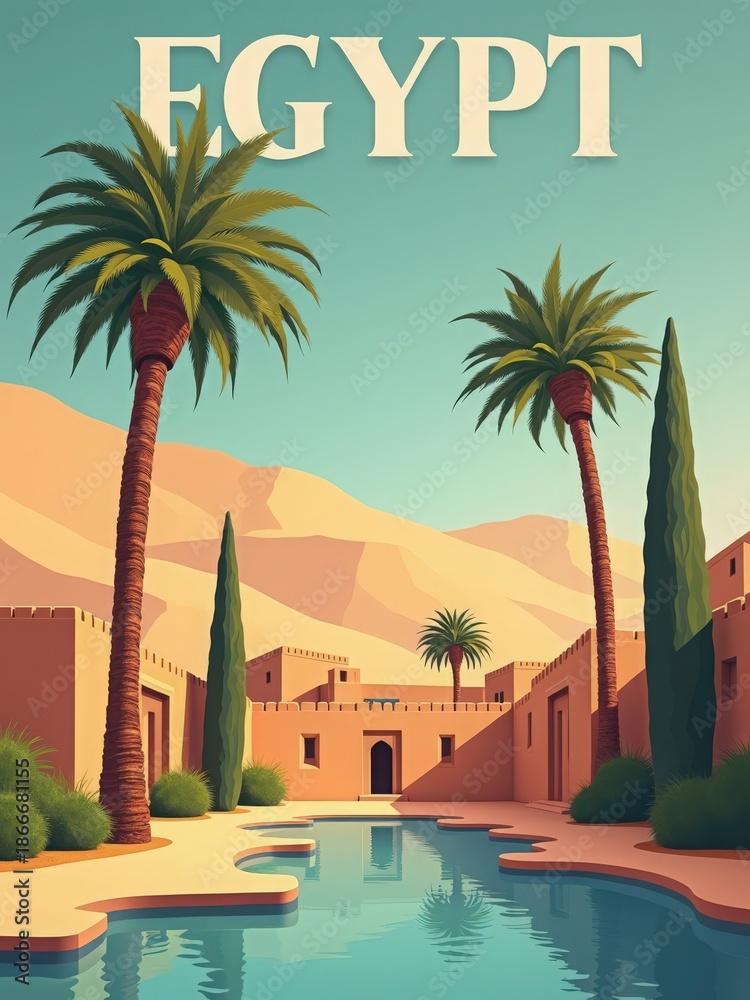 Palm trees and green plants near a pool of water, with a historic architectural structure in the background. The setting is in Egypt, under a clear sky.