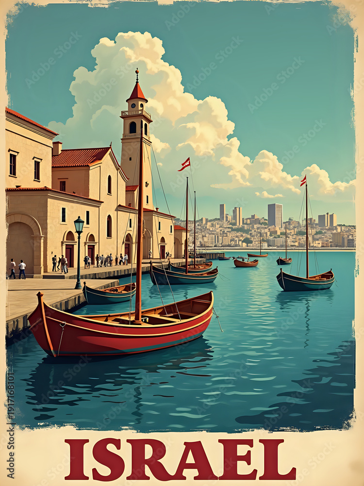 People walk along the water near wooden boats in the harbor. Buildings rise in the background under a blue sky with fluffy clouds. It is a sunny day in a coastal city in Israel.