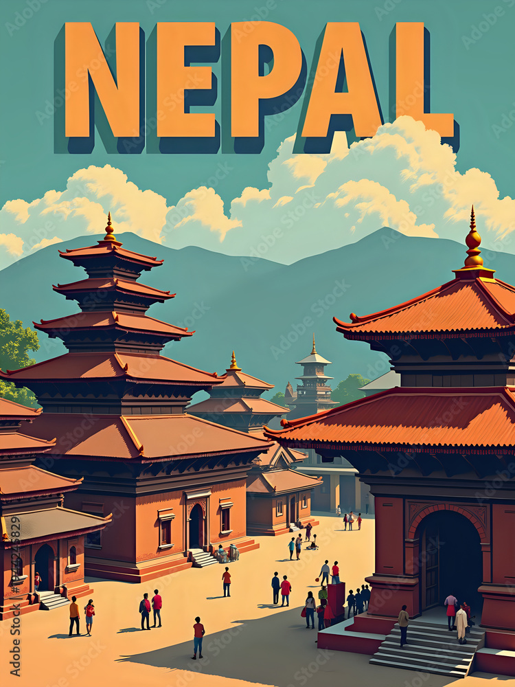 People walk and stand around large buildings in Nepal. Many structures have unique roofs and designs. Mountains rise in the background under a blue sky with clouds.