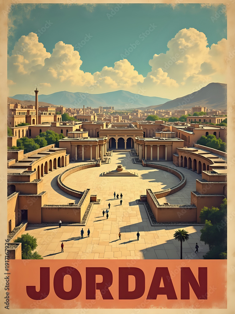 People walk through a large ancient site in Jordan. The scene shows grand buildings surrounded by mountains and trees. The sky has clouds and a bright blue hue.