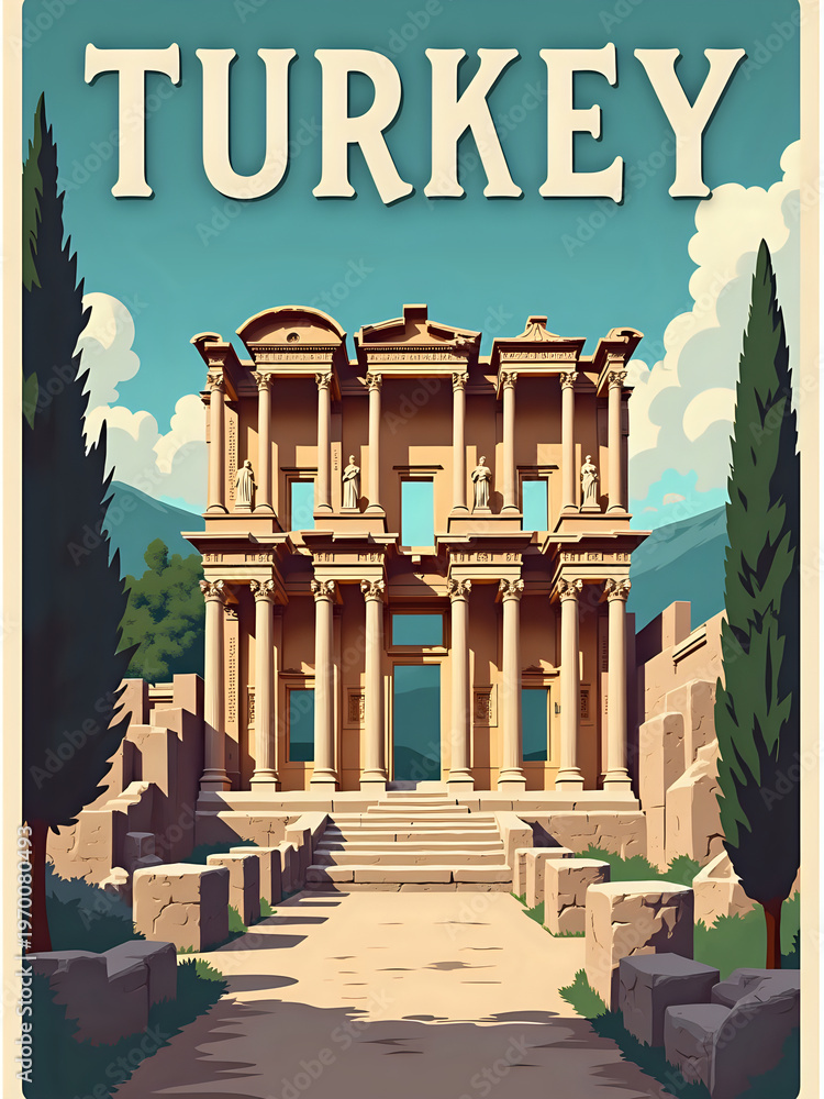 Ruins of an ancient structure stand in Turkey, highlighting classical columns and sculptures. The site is surrounded by trees and mountains, capturing the beauty of history.