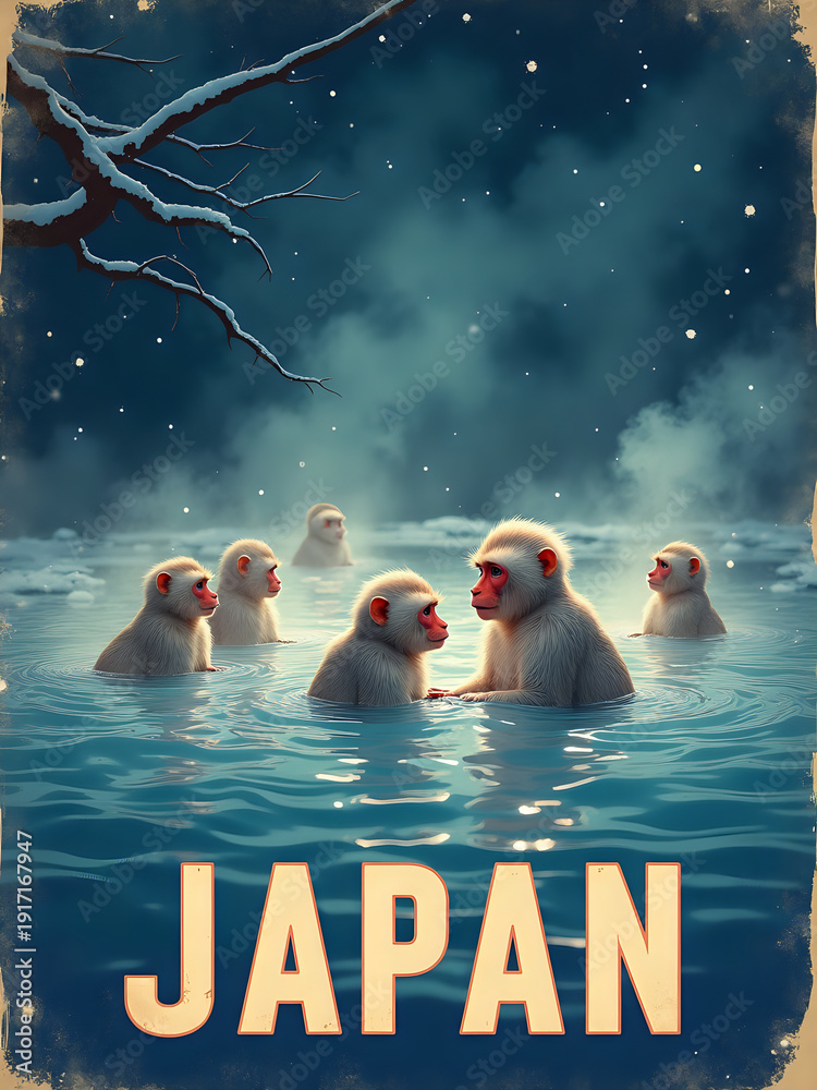 Several monkeys are seen enjoying warm water in a hot spring in Japan while snow falls around them. The scene shows trees in the background and gives a feeling of winter.