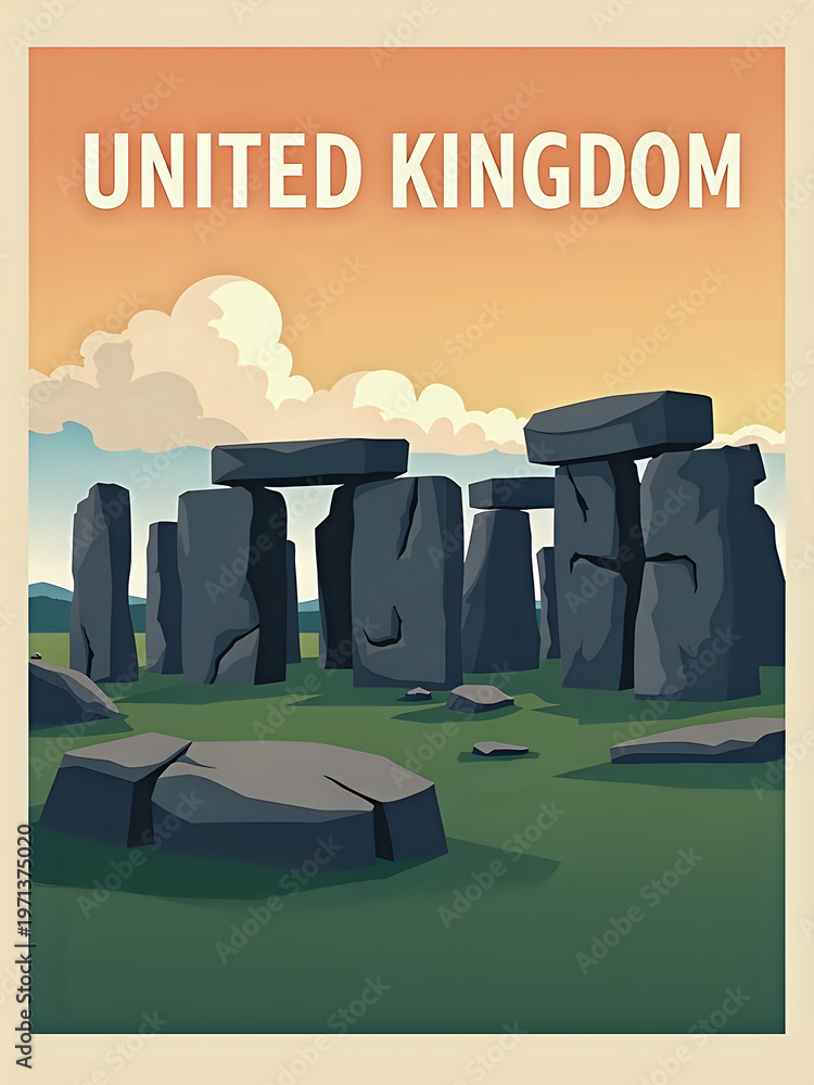 Stonehenge in the United Kingdom during sunset. The sky has clouds and colors of orange and blue. The stones stand tall on green grass with rocks scattered around.