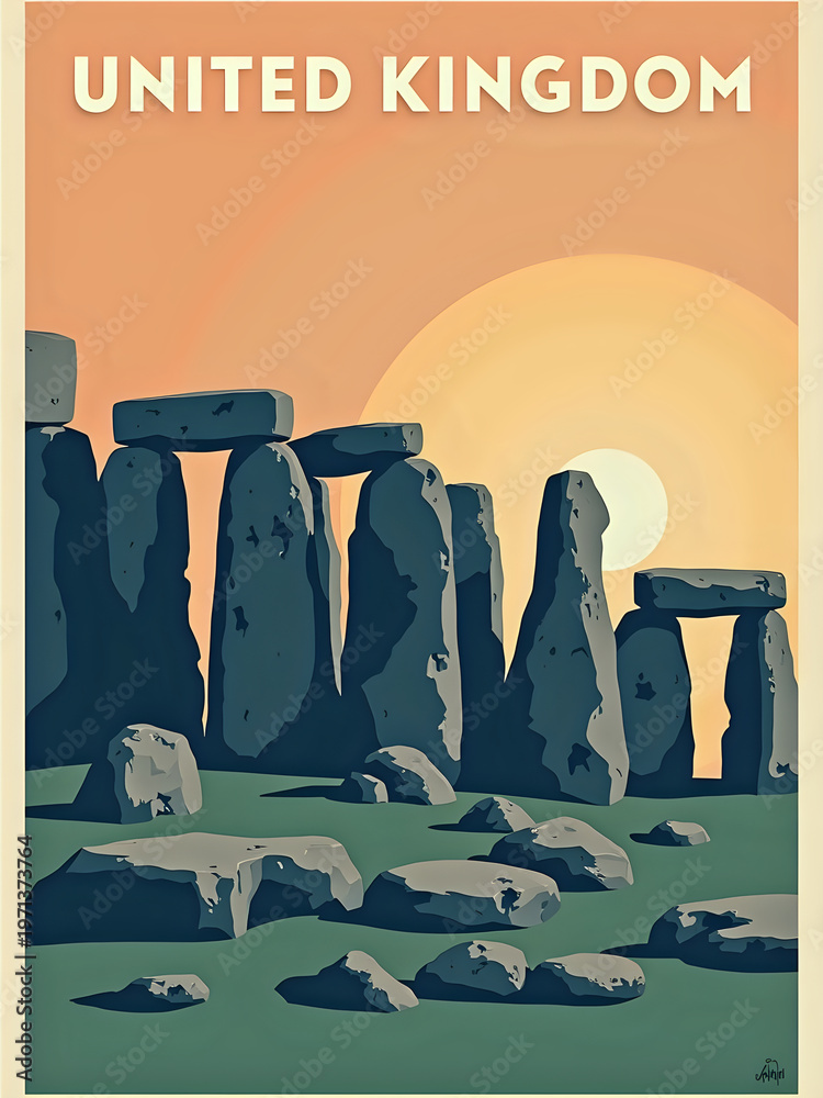 Stonehenge stands tall in the United Kingdom as the sun sets behind it. The stones are surrounded by grass and hills.