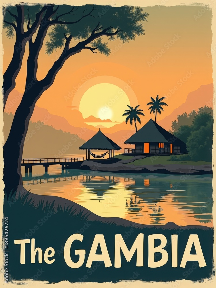 Sun sets behind hills, casting orange and yellow light over water. Traditional homes sit near the river. Tall trees and palm trees frame the scene.