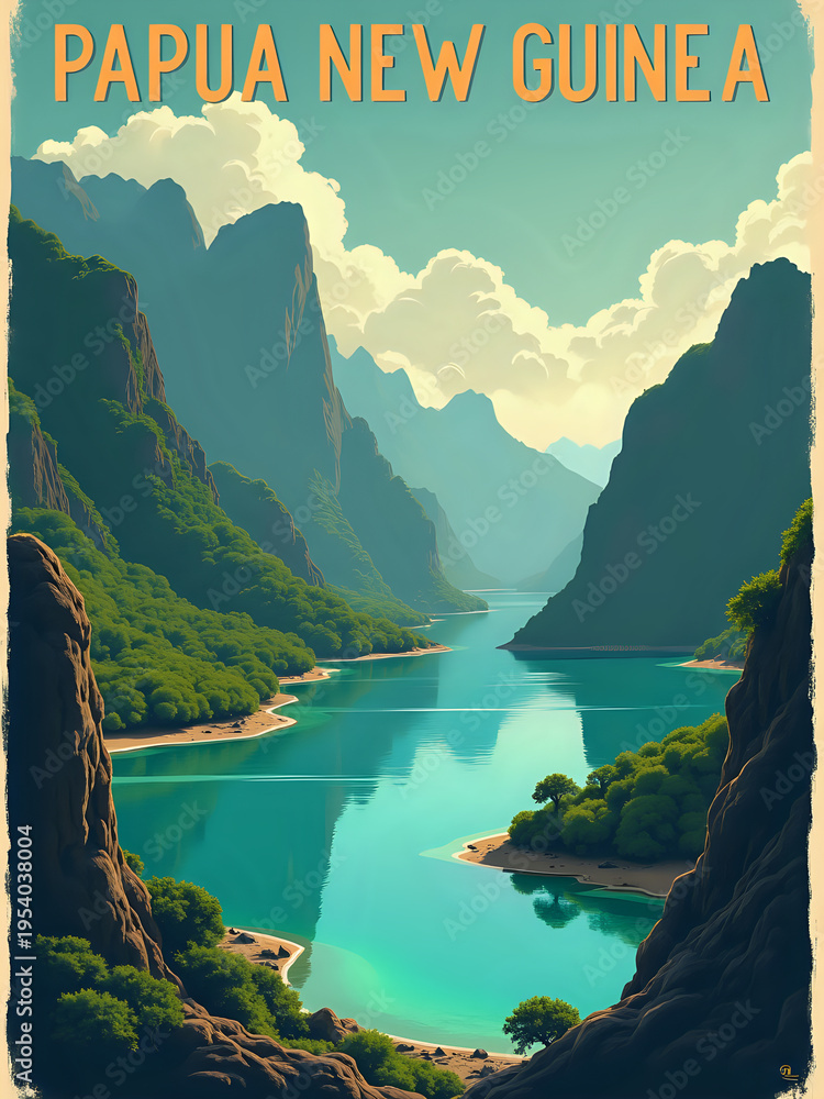 Tall mountains surround a calm river in Papua New Guinea. Green trees line the riverbanks. Blue water reflects the sky and clouds. The scene shows the beauty of nature in the region.