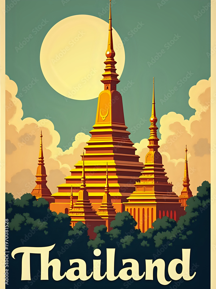 Tall pagoda structures rise against a night sky with a full moon. The scene shows clouds behind the pagodas, capturing the essence of Thailands architecture and culture at night.
