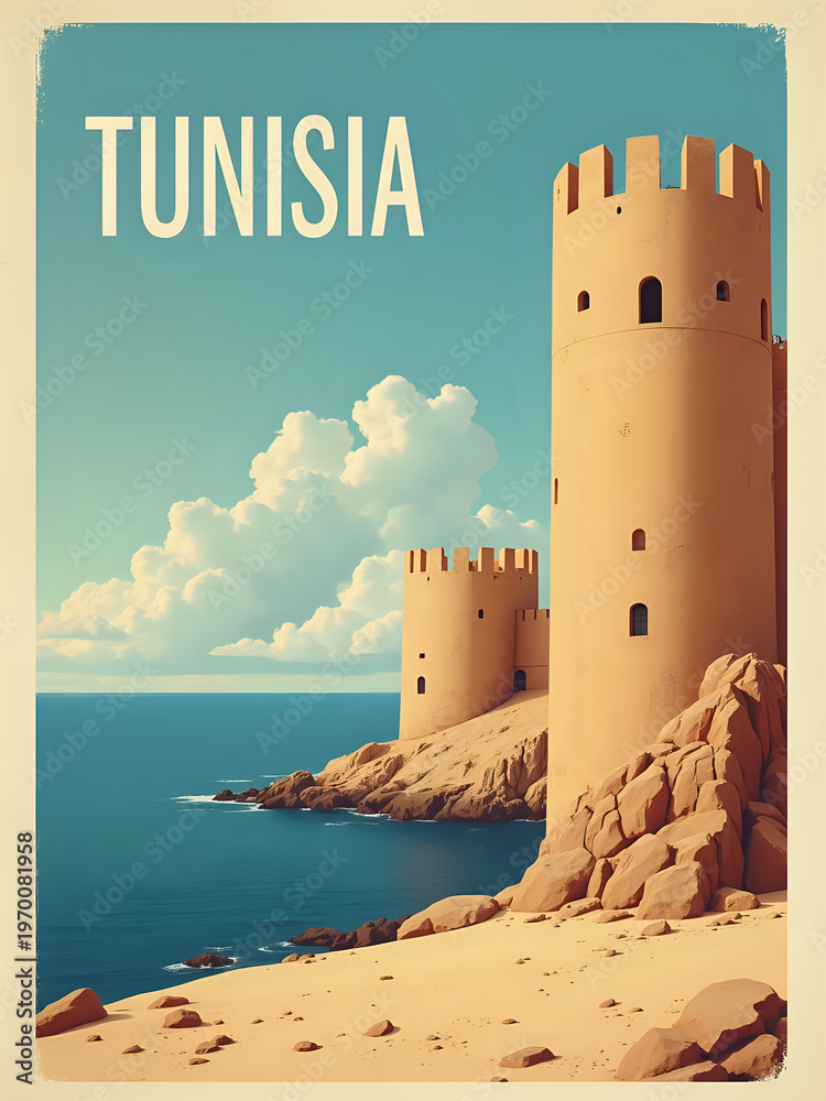Tall, rounded towers stand on the rocky coast of Tunisia. The sea is blue and calm. Clouds are in the sky above. The sunlight warms the scene. This looks like a popular site for visitors.