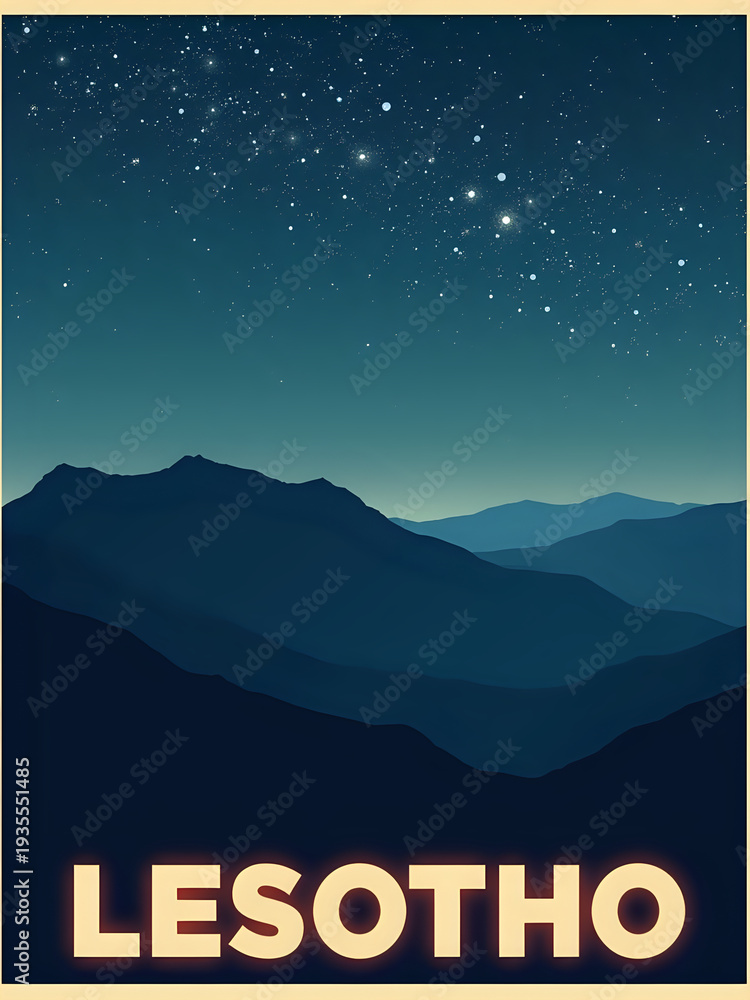 The night sky displays stars over dark mountains in Lesotho. The scene shows different layers of mountains fading into the horizon. The atmosphere is simple and clear.
