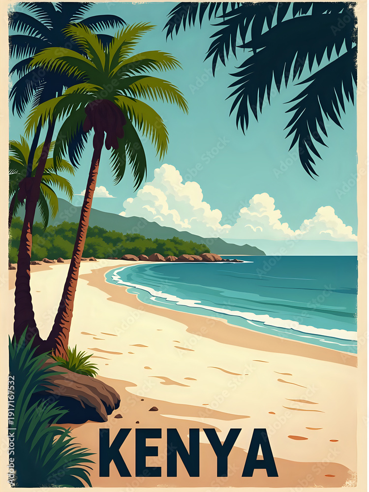 The scene shows a beach in Kenya with tall palm trees along the shore. The ocean waves gently lap at the sand. Hills are visible in the background under a clear sky with clouds.