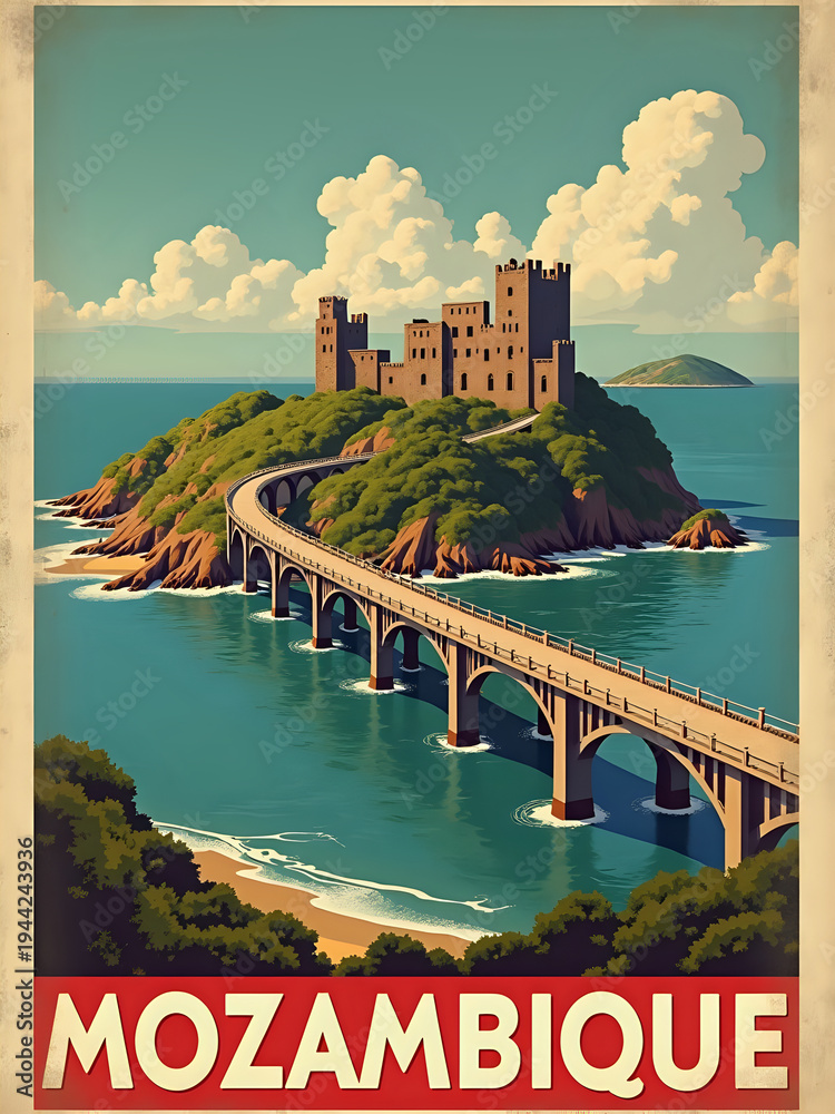 The scene shows a castle located on a hill surrounded by water. A bridge connects the castle to the land. The sky is bright with clouds. People can enjoy the coast and the ocean view.