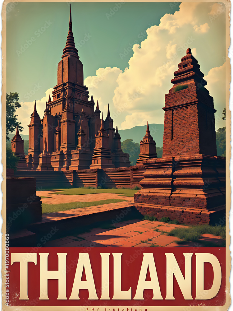 The scene shows a historical site in Thailand with tall structures made of red brick. Trees surround the area, creating a green backdrop. The sky is clear, and mountains can be seen in the distance.