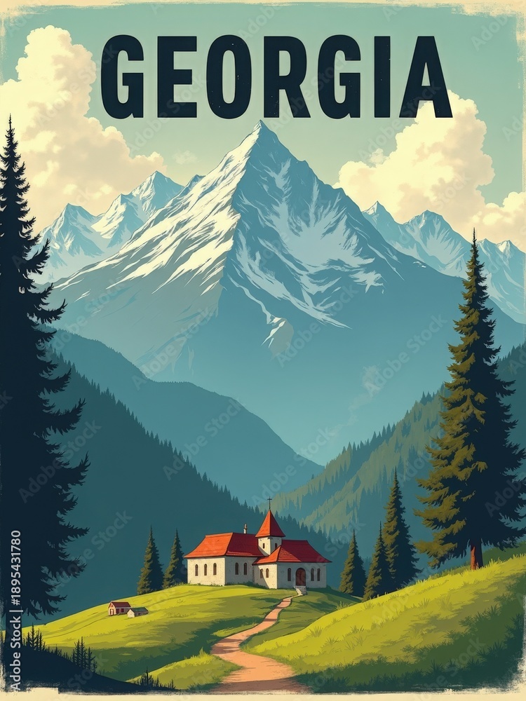 The scene shows a house surrounded by trees and mountains in Georgia. A path leads to the house with green grass. The mountains are tall and snow-covered in the background.