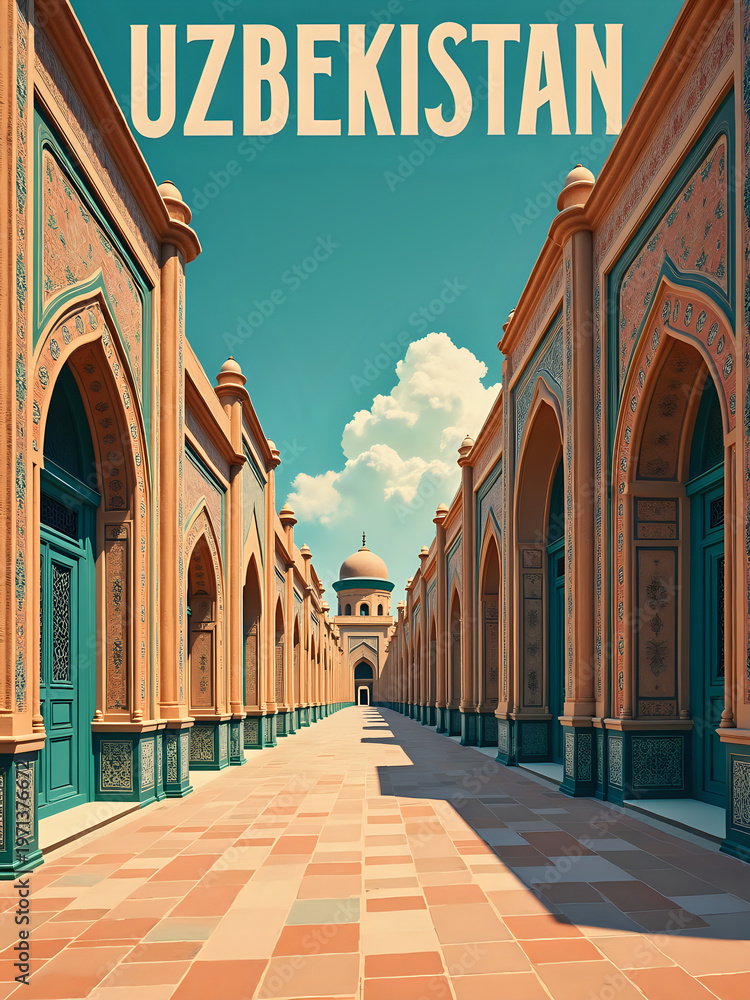 The scene shows a long pathway lined with beautiful arches and intricate designs. The sky is bright with clouds, and a dome is visible in the background. This location features colorful tiles.
