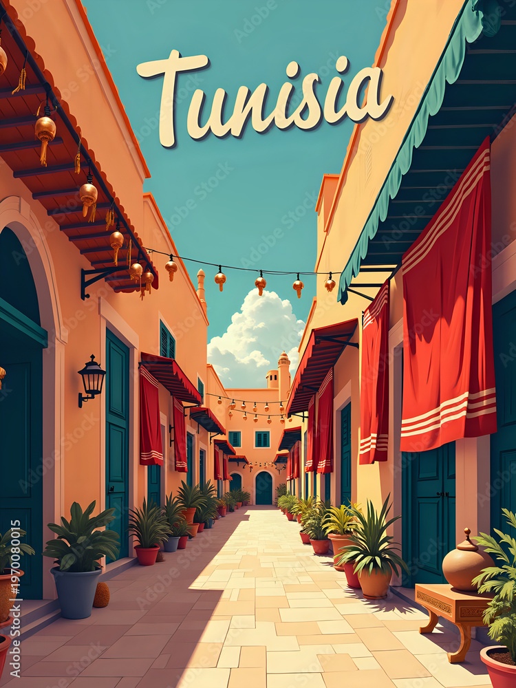 The scene shows a narrow street in Tunisia filled with potted plants and decorative details. Bright colors and shadows create a lively atmosphere in the sunny day. Lanterns hang above.