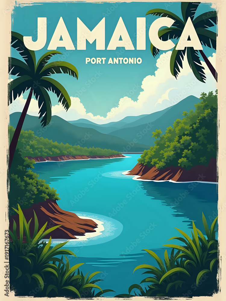 The scene shows a river flowing through a tropical landscape in Port Antonio. Mountains rise in the background while palm trees and thick vegetation line the shores.