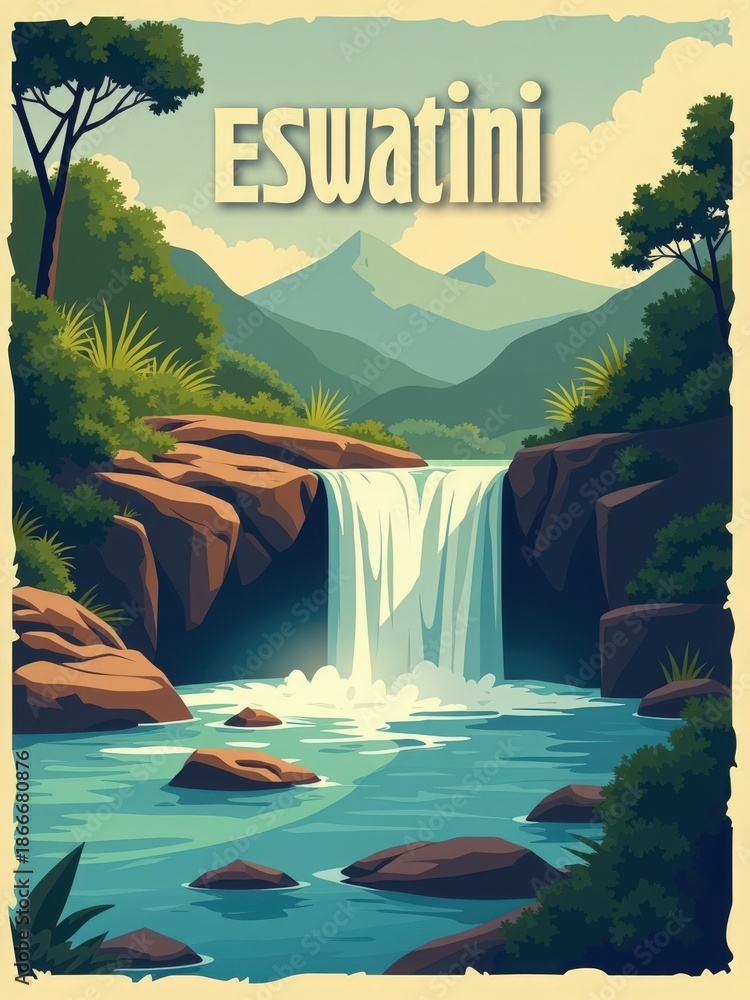 The scene shows a waterfall flowing into a clear pool, surrounded by rocks, trees, and mountains. The setting captures a natural landscape in Eswatini under bright daylight.