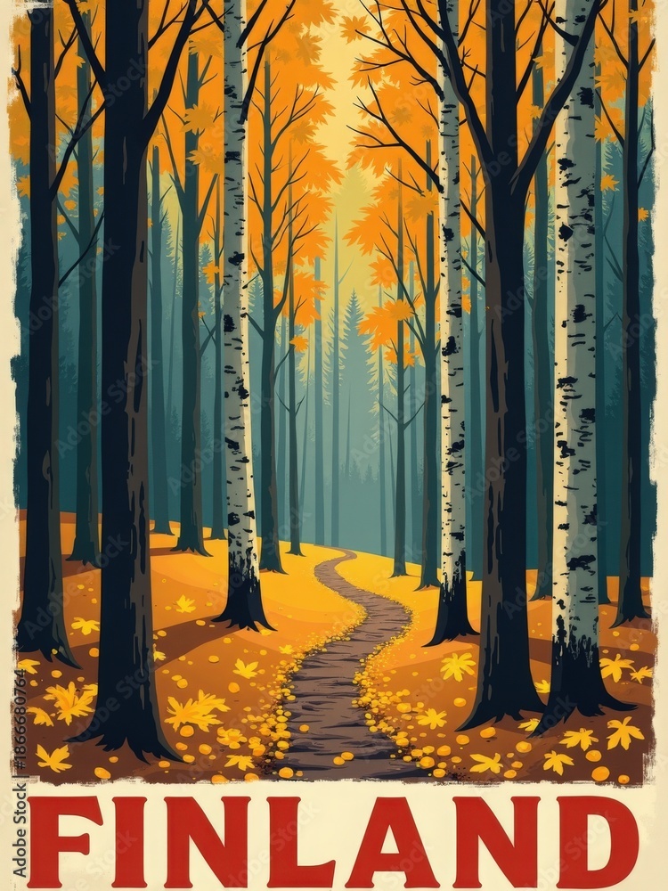 The scene shows a winding path in a forest during autumn. The trees display shades of orange and yellow, with leaves scattered on the ground. Sunlight filters through the branches.