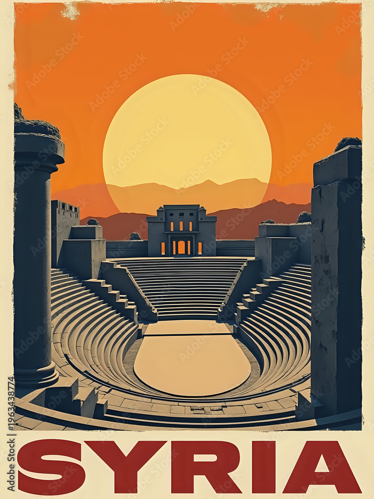 The scene shows an ancient amphitheater in Syria at sunset. The sun is large and orange, casting a warm glow over the stone structure. Mountains are visible in the background.