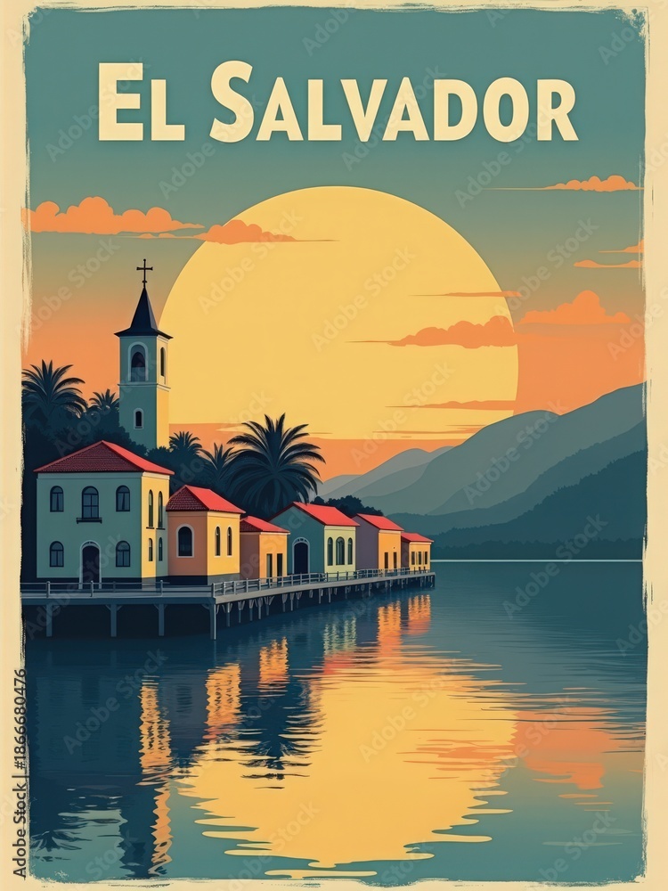 The scene shows houses lining the lakeshore with a large sun setting behind mountains. Trees surround the area, adding to the view of El Salvador.