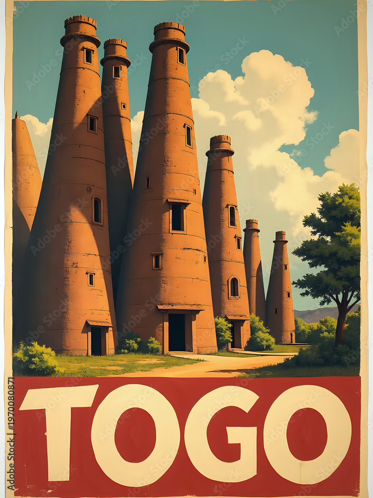 The scene shows tall chimney structures in Togo under blue skies. These buildings have a red base and stand out against the clouds. Green trees are nearby, adding to the view.