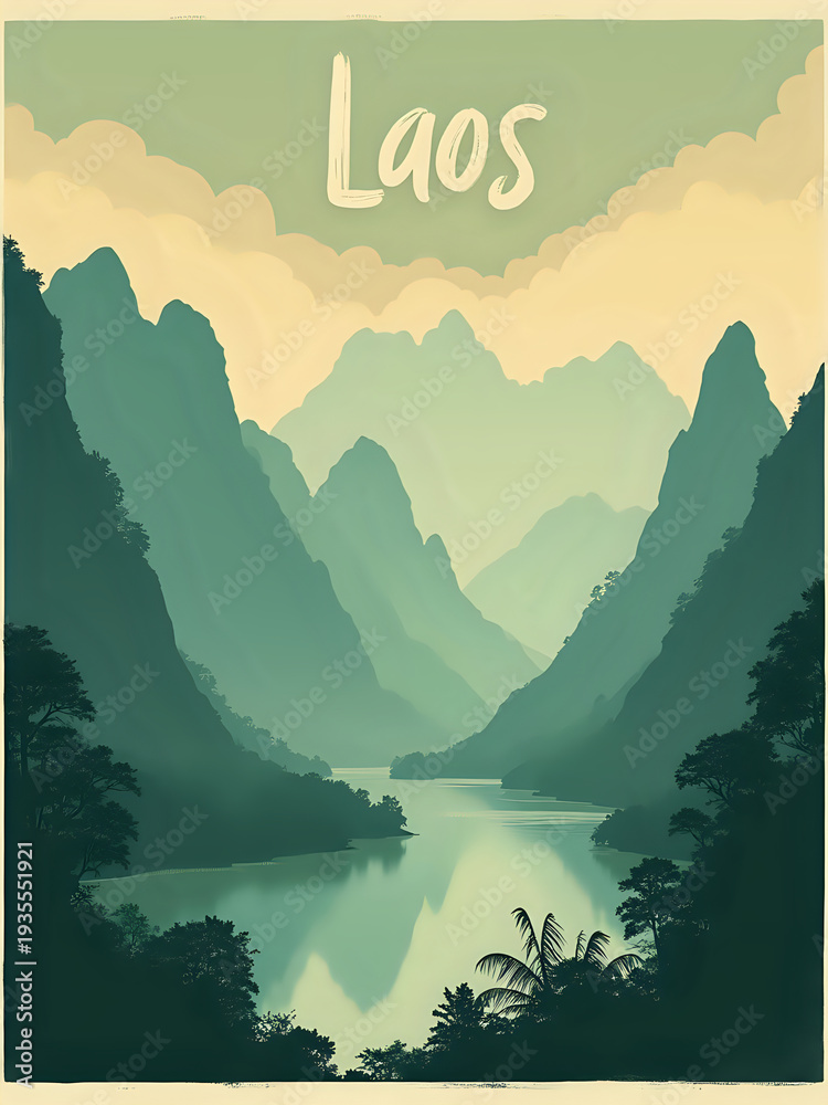 The scene shows tall mountains with mist. A river flows at the base of the mountains. Trees line the riverbanks. The sky has light clouds and soft colors hinting at a new day.