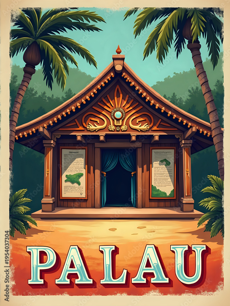 This scene features a building in Palau surrounded by palm trees and sandy paths. The structure displays cultural details and welcomes visitors to learn more about Palaus heritage and nature.