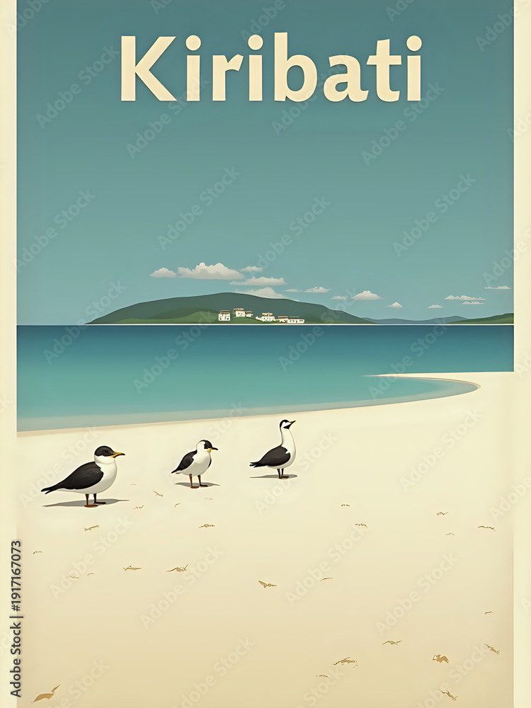 Three birds stand on a sandy beach in Kiribati with a distant island visible. The sky is clear and blue. The scene captures a warm, sunny day by the ocean.