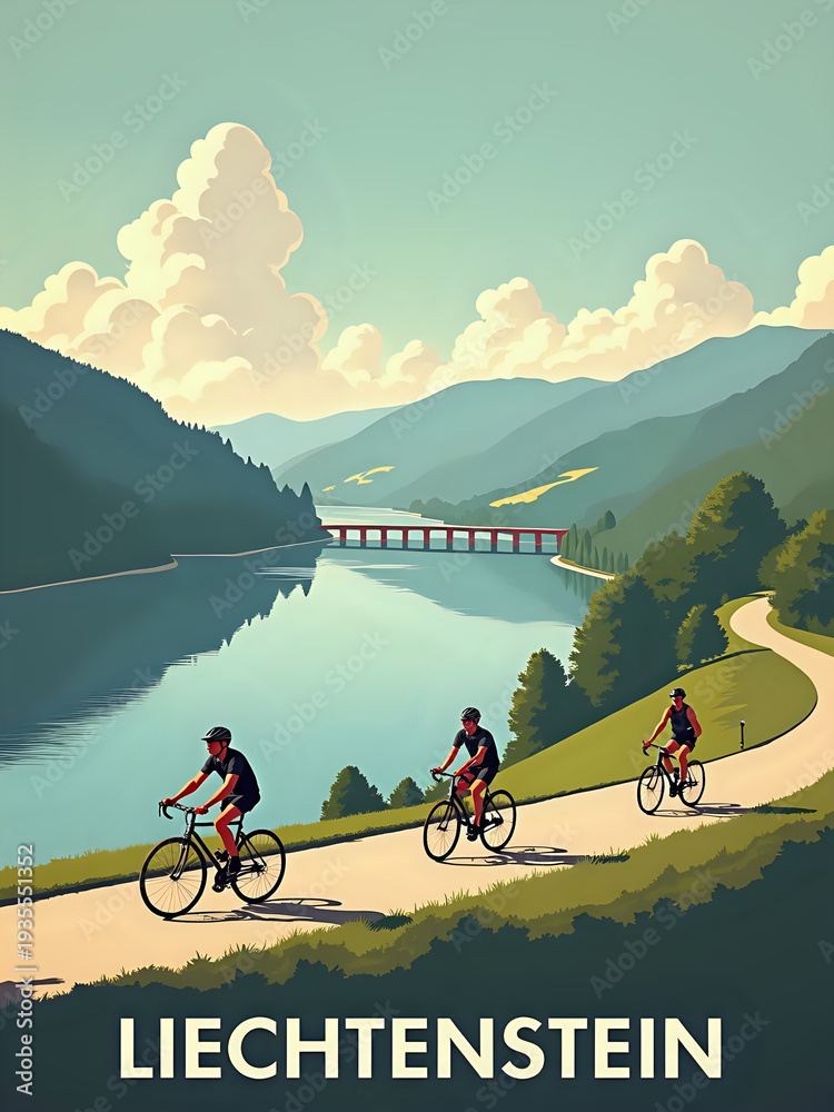 Three cyclists ride along a winding path beside a calm lake in Liechtenstein. Green hills and a bridge can be seen in the background under a cloudy sky.