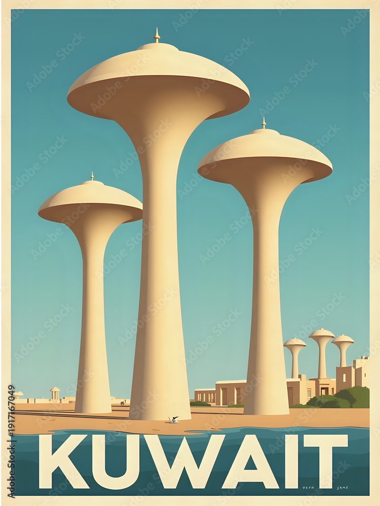 Three tall towers stand near the water in Kuwait. The towers have a unique design and the sky is clear with a warm sun. The scene shows buildings and a peaceful area near the coast.