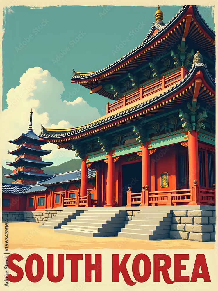 Traditional buildings in South Korea with vibrant colors and unique shapes. The sky is clear with a few clouds. The structures highlight cultural elements of the region.