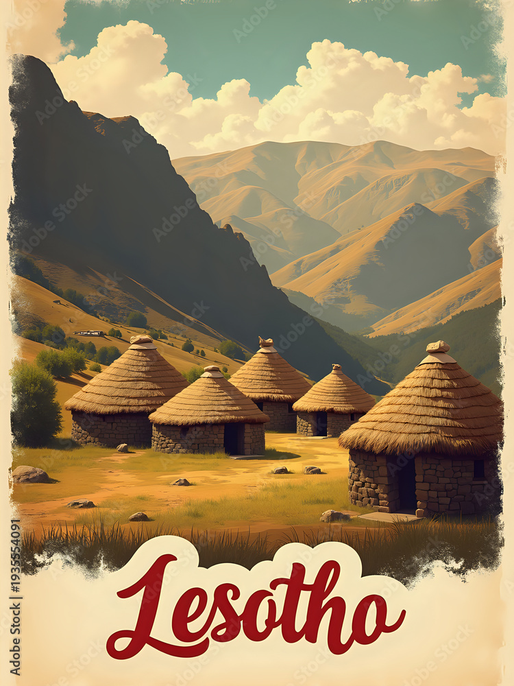 Traditional huts are set in a green landscape surrounded by mountains. The sky is filled with clouds. The location reflects the culture of Lesotho.