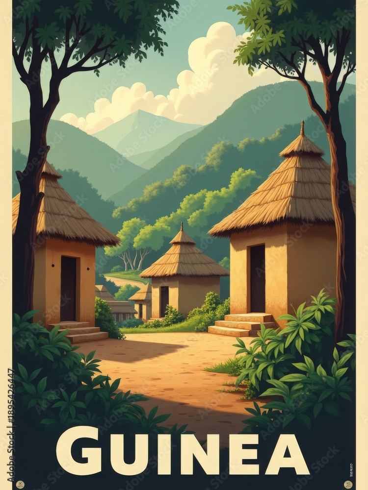 Traditional huts in a rural area of Guinea. Lush trees are nearby, and distant mountains rise in the background. The sky has clouds and hints of daylight.