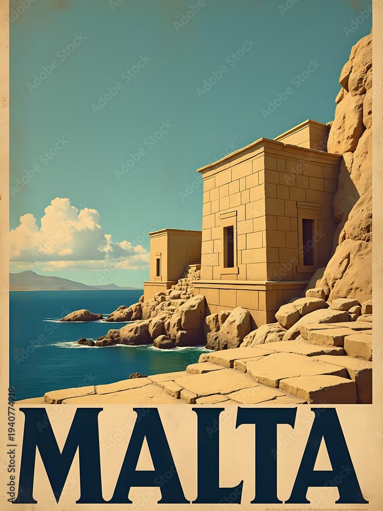 Two ancient buildings stand on a rocky shore in Malta. The sea is blue and calm. Clouds drift in the sky above. This scene captures a part of Maltas rich history and coastal beauty.