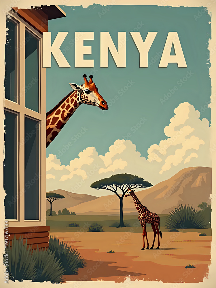 Two giraffes are present in the scene. One giraffe peers out from a building window, while the other stands in the open area below. The landscape shows grass, trees, and mountains under a blue sky.