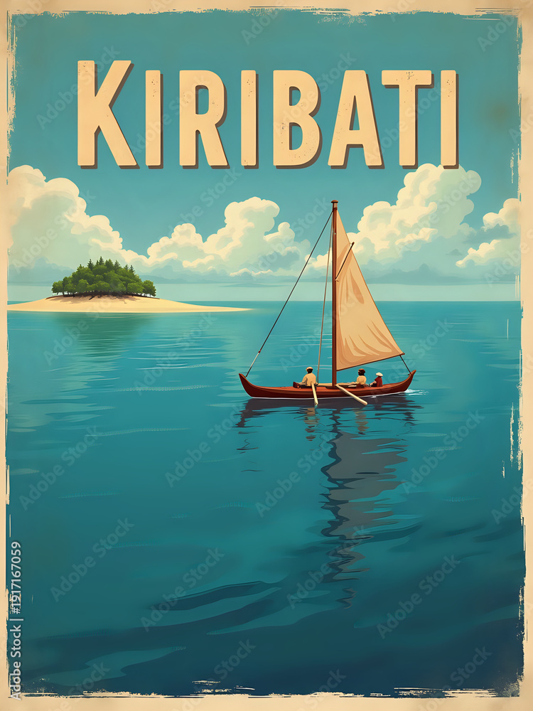 Two people are on a boat sailing in the water close to a small island. The blue sky has clouds, and the water reflects the sunlight. This scene is in Kiribati.