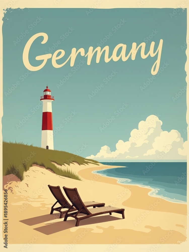 Two sun loungers sit on a sandy beach in Germany. A tall lighthouse stands nearby, overlooking the calm sea. The sky is clear with some clouds, creating a warm atmosphere.